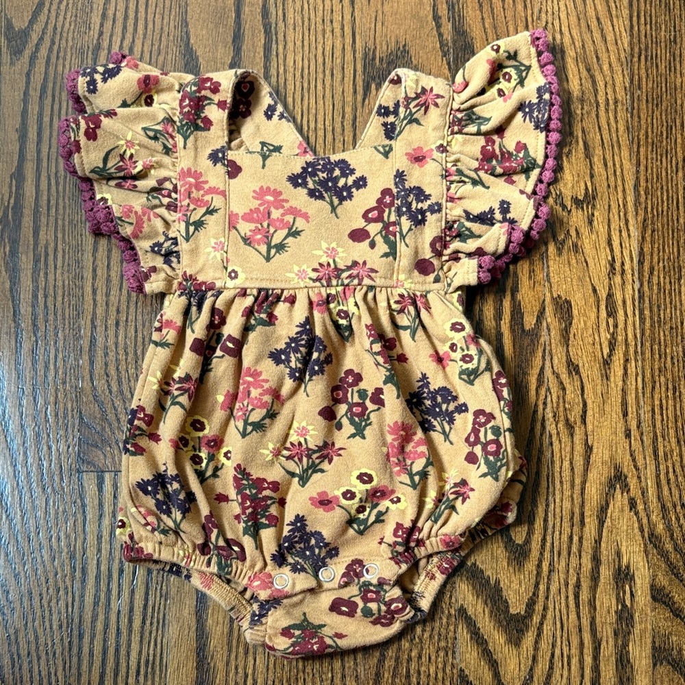 Kate Quinn Organic Cotton Ruffle Strap Pom Pom Bubble in Apple Cinnamon Floral